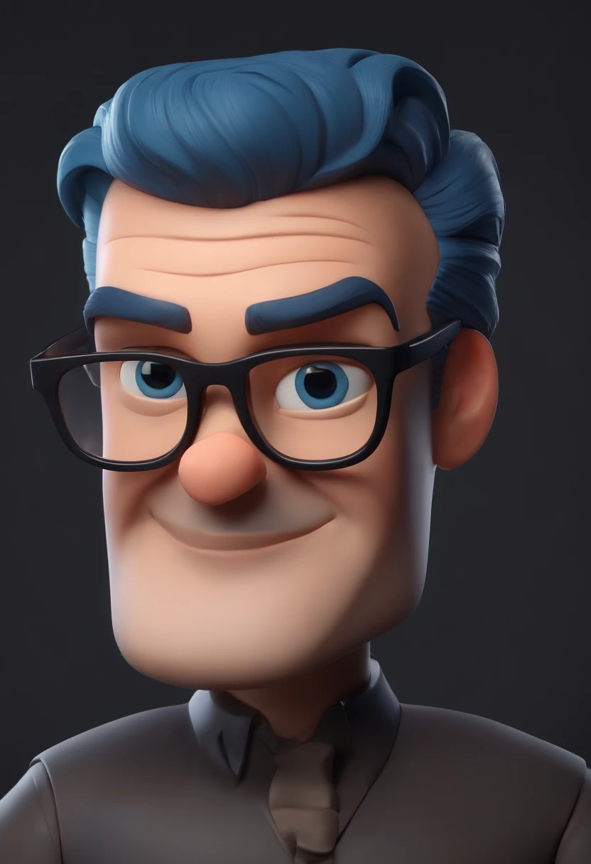 Cartoon character of a man wearing black glasses and a blue shirt, um personagem animado, Caractere estilizado, animation style rendering, 3D estilizado, Arnold Maya render, 3 d render stylized, toon render keyshot, Personagem 3D, Personagem 3D, 3d rendering stylized, 3 d character render, personagem de desenho animado, Personagem de close up, Pose de personagem, (Estilo Pixar) (master part:1.2) (Bokeh) (best quality) (pele detalhada) (textura detalhada) (8k) (argila) (Cinematic lighting) (foco nítido,Senta e vaza a parte superior do corpo