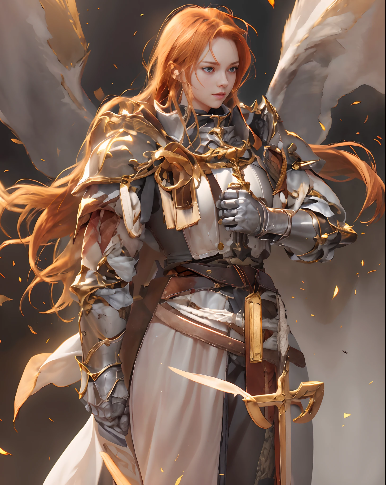 girl, realistic anime, teenager, long ginger hair, toned muscles, very strong, paladin, white and golden armor
