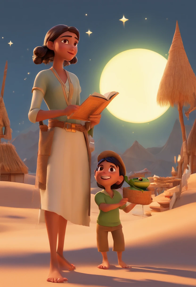 The woman with frog or frog face sapa woman with light green skin and bright golden eyes, With an upright human form, she is dressed in a simple white linen tunic and a blue cape in the style of clothes worn in the times of Christ in Jerusalem. She's with her back turned staring at the moon inside her modest home, feita de barro e palha, no deserto a noite de lua cheia. Cartoon of friends having fun on vacation together, 3D Animation Movie Poster, Poster de filme animado, pixar 3 d animation style, pixar renderman rendering, maia 8 mil, animated film, Disney Pixar Estilo 3D, amigos felizes saem juntos, all wearing light blue shirts and cream brown long pants, camisa azul clara, cream brown pants, ao ar livre, vacation, Disney Pixar Animation Poster