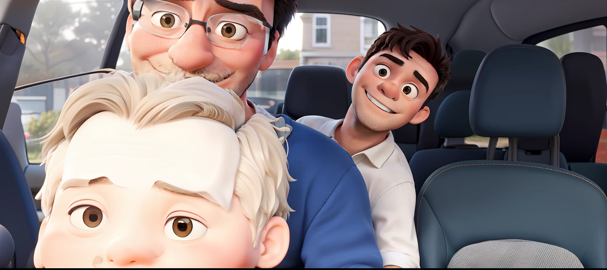 Father with one child on his lap and behind the second son inside the car going to school