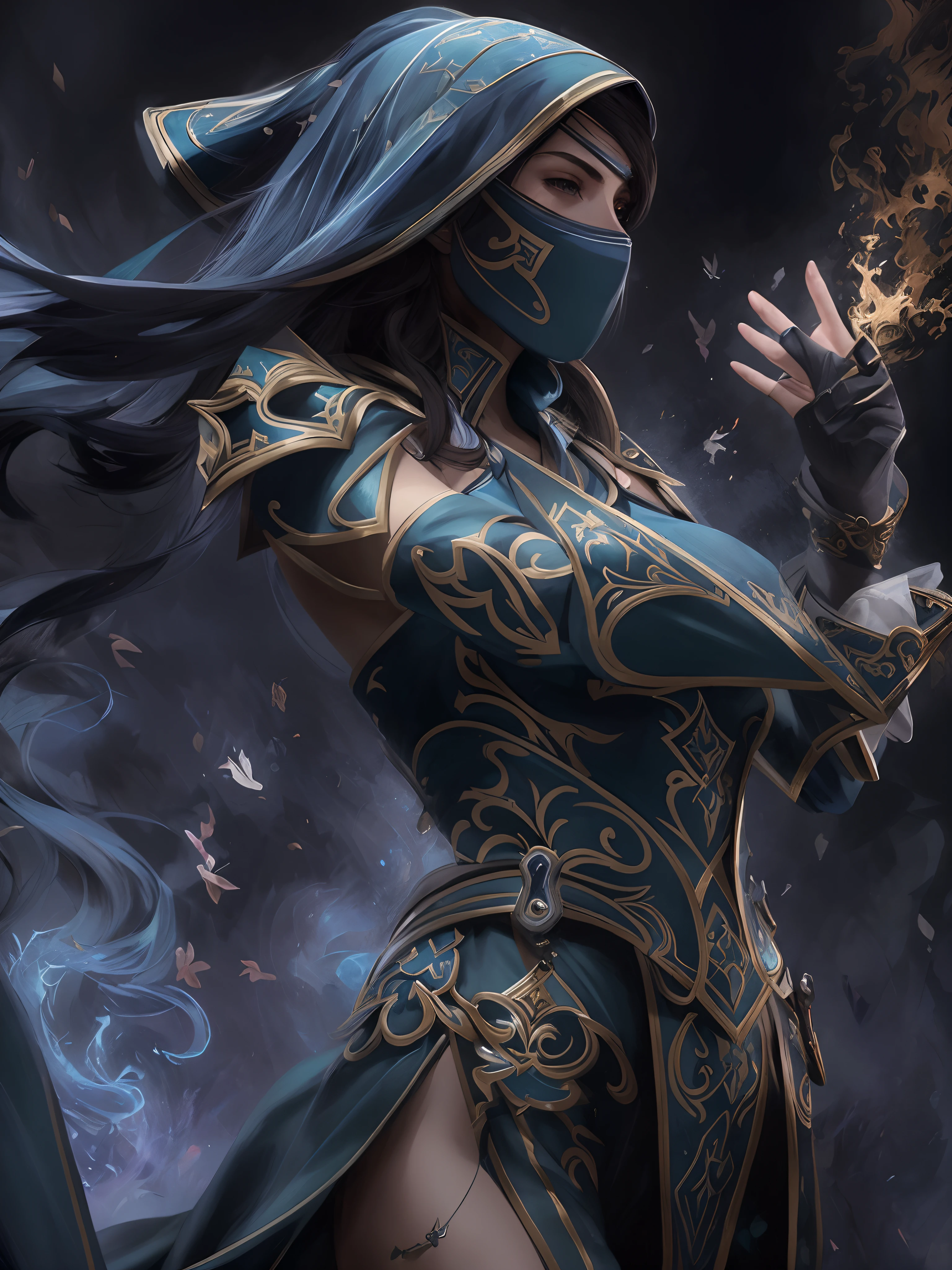 Mulher com um manto azul e um capuz segurando uma fogueira, epic exquisite character art, Graphic artist Magali Villeneuve, arte de personagem impressionante, Arte de fantasia 4k, assassina feminina, arte do jogo ultra detalhada, arte de fantasia de alta qualidade, Vencedor do concurso CGSetline, Amazing 8K character concept art, trending on ArtStation:3, Arte de fantasia 8k
