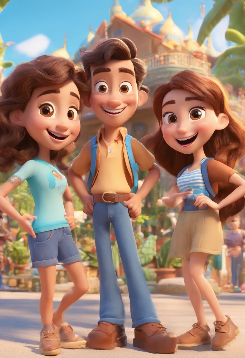 Cartoon of friends having fun on vacation together, 3D Animation Movie Poster, Poster de filme animado, pixar 3 d animation style, pixar renderman rendering, maia 8 mil, animated film, Disney Pixar Estilo 3D, amigos felizes saem juntos, all wearing light blue shirts and cream brown long pants, camisa azul clara, cream brown pants, ao ar livre, vacation, Disney Pixar Animation Poster