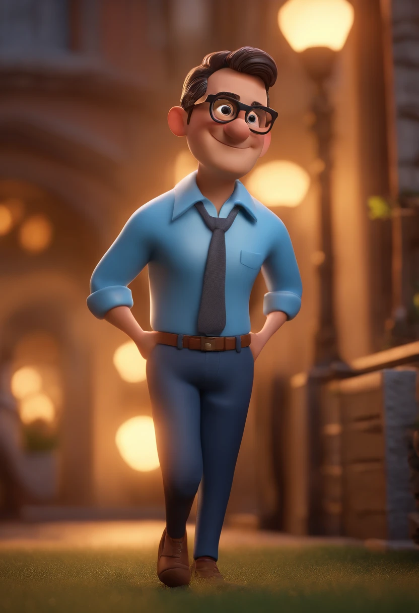Cartoon character of a man with black glasses and a blue shirt, animation character, Caractere estilizado, animation style rendering, 3D estilizado, Arnold Maya render, 3 d render stylized, toon render keyshot, Personagem 3D, Personagem 3D, 3d rendering stylized, 3 d character render, personagem de desenho animado, Personagem de close up, Pose de personagem, (Estilo Pixar) (master part:1.2) (Bokeh) (best quality) (pele detalhada) (textura detalhada) (8k) (argila) (Cinematic lighting) (foco nítido