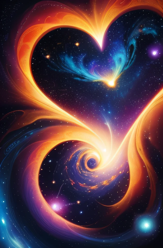 Create an image of the universe with a heart-shaped constellation at its center in the art form of digital illustration. Inspired by the style of Vincent van Gogh, imagine a starry night with swirling galaxies and a vividly colored heart-shaped constellation. The color temperature should be cool blues and deep purples, with a hint of warm yellow at the heart's core. The atmosphere is dreamy and ethereal, with a sense of cosmic romance. --v 5 --stylize 1000
