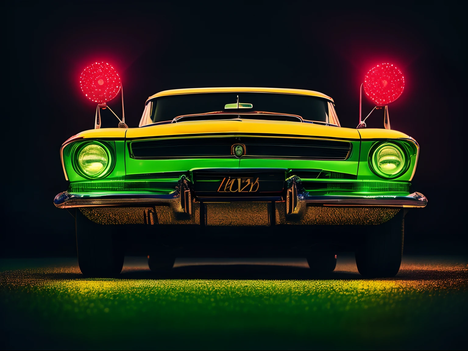 A classic car in a chiaroscuro setting with neon green accents, featuring red glitter elements, and an added layer of reflection, style raw