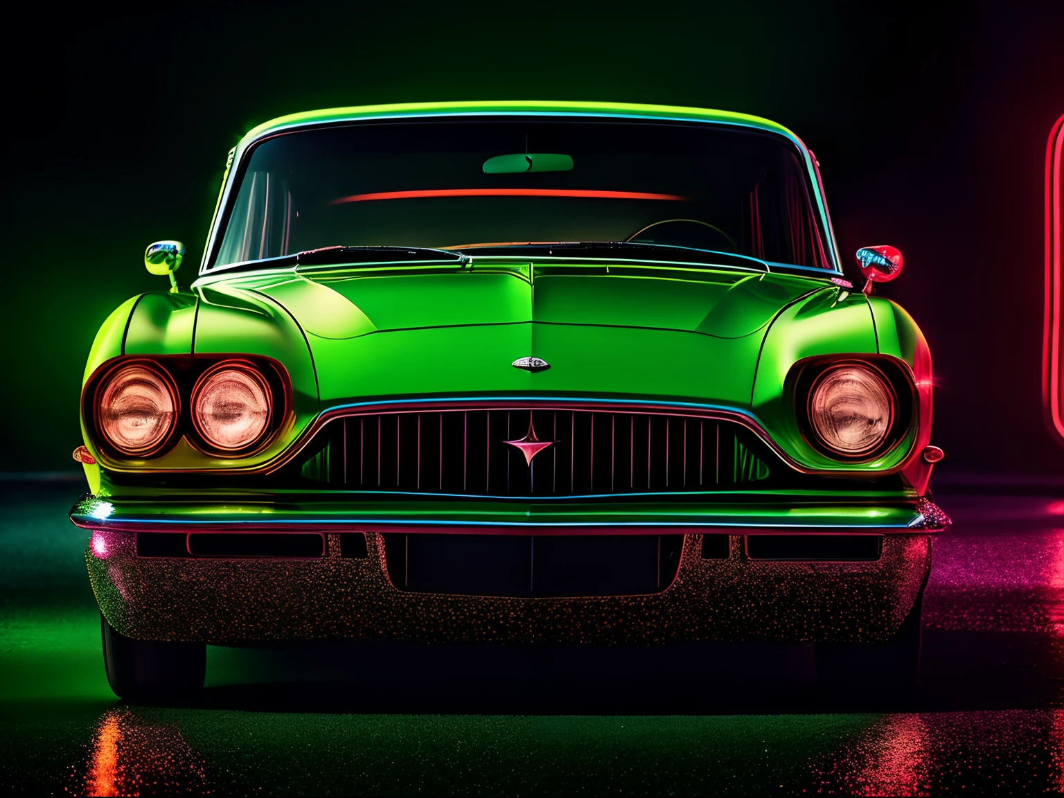 A classic car in a chiaroscuro setting with neon green accents, featuring red glitter elements, and an added layer of reflection, style raw [Low angle], action scene, dynamic action, film grain, motion blur, Epic realism, raw photo, highly-detailed, 8k