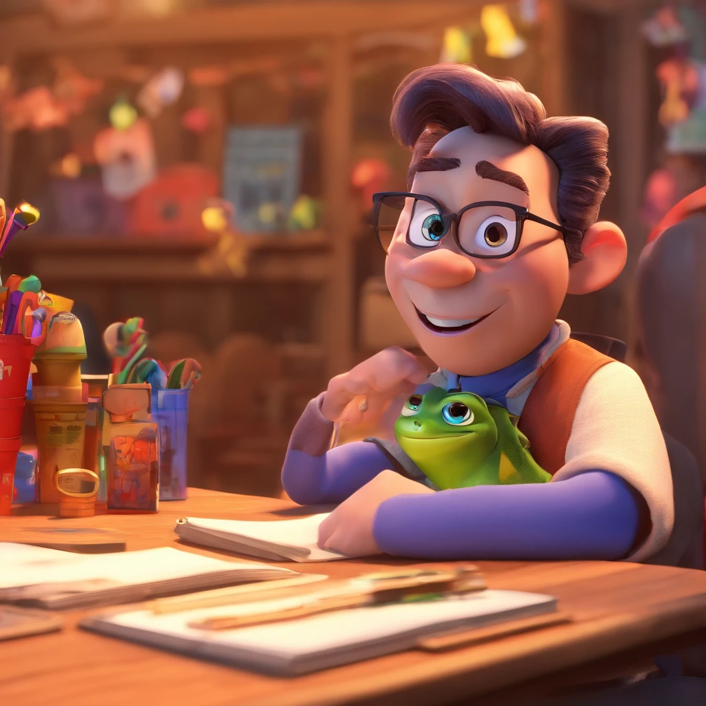 Crie um cartaz inspirado na Disney Pixar com o personagem sendo o deputado Keniston Braga, A white-haired man wearing glasses, the scene will be in Pixar's distinctive digital art style. Focus on character expressions, Vibrant colors and detailed textures present your animations, with the title " Keniston Braga no meio, Quero a cena dos principais filmes do PIXar