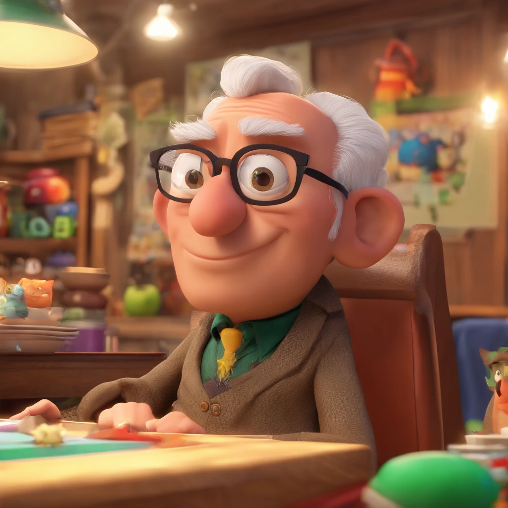 Crie um cartaz inspirado na Disney Pixar com o personagem sendo o deputado Keniston Braga, A white-haired man wearing glasses, the scene will be in Pixar's distinctive digital art style. Focus on character expressions, Vibrant colors and detailed textures present your animations, with the title " Keniston Braga no meio, Quero a cena dos principais filmes do PIXar