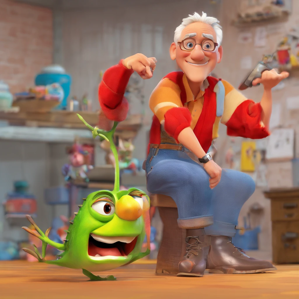 Crie um cartaz inspirado na Disney Pixar com o personagem sendo o deputado Keniston Braga, A white-haired man wearing glasses, the scene will be in Pixar's distinctive digital art style. Focus on character expressions, Vibrant colors and detailed textures present your animations, with the title " Keniston Braga no meio, Quero a cena dos principais filmes do PIXar