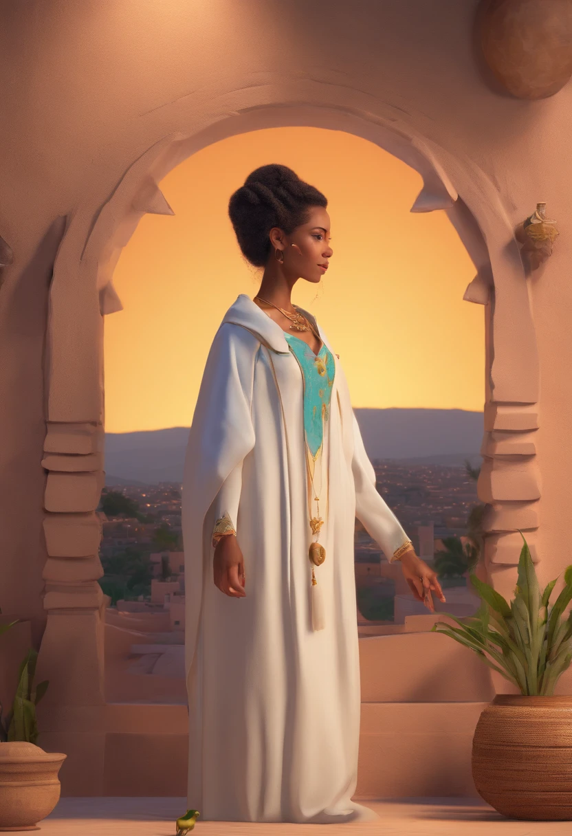 The woman with frog or frog face sapa woman with light green skin and bright golden eyes, With an upright human form, she is dressed in a simple white linen tunic and a blue cape in the style of clothes worn in the times of Christ in Jerusalem. She's with her back turned staring at the moon inside her modest home, feita de barro e palha, no deserto a noite de lua cheia.