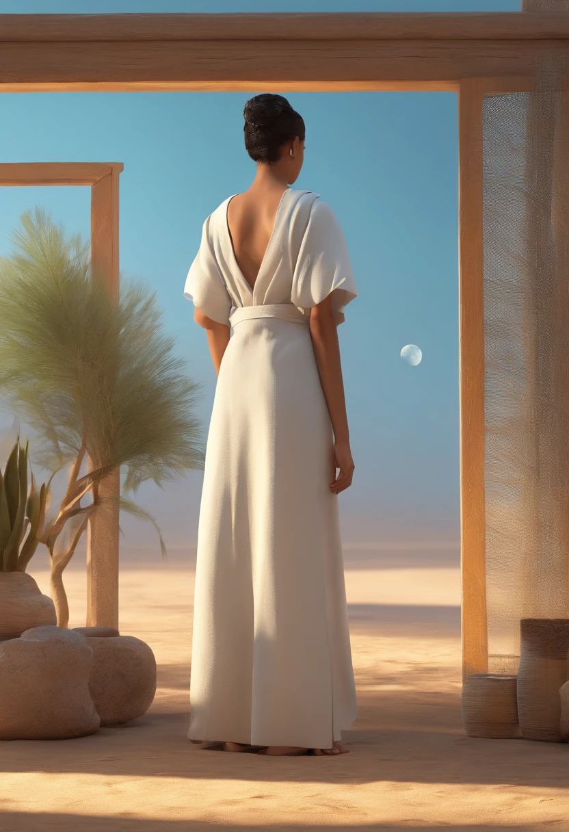 The woman with frog or frog face sapa woman with light green skin and bright golden eyes, With an upright human form, she is dressed in a simple white linen tunic and a blue cape in the style of clothes worn in the times of Christ in Jerusalem. She's with her back turned staring at the moon inside her modest home, feita de barro e palha, no deserto a noite de lua cheia.