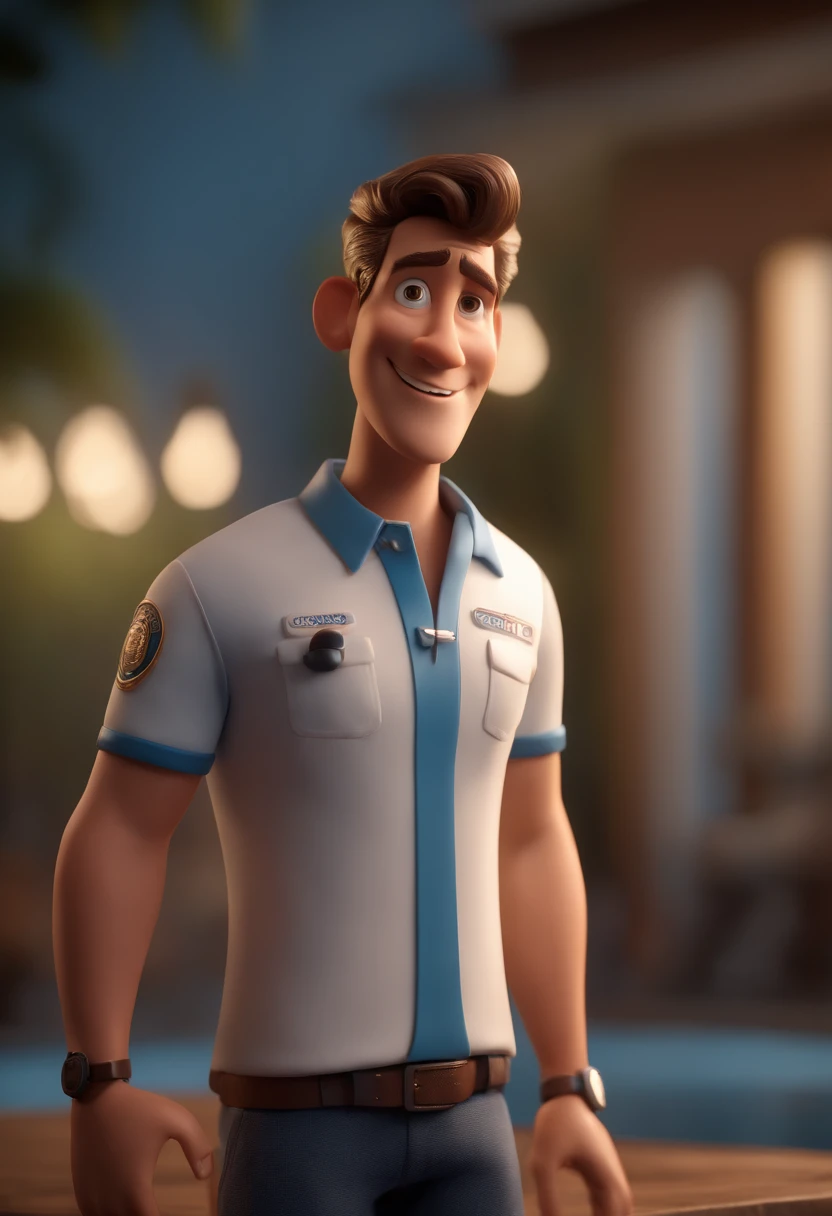 Personagem de desenho animado de um homem usando uma camisa azul, um personagem animado, Caractere estilizado, animation style rendering, 3D estilizado, Arnold Maya render, 3 d render stylized, toon render keyshot, Personagem 3D, Personagem 3D, 3d rendering stylized, 3 d character render, personagem de desenho animado, Personagem de close up, Pose de personagem, (Estilo Pixar) (master part:1.2) (Bokeh) (best quality) (pele detalhada) (textura detalhada) (8k) (argila) (Cinematic lighting) (foco nítido,Sits and empties upper body in an ENT doctor's office