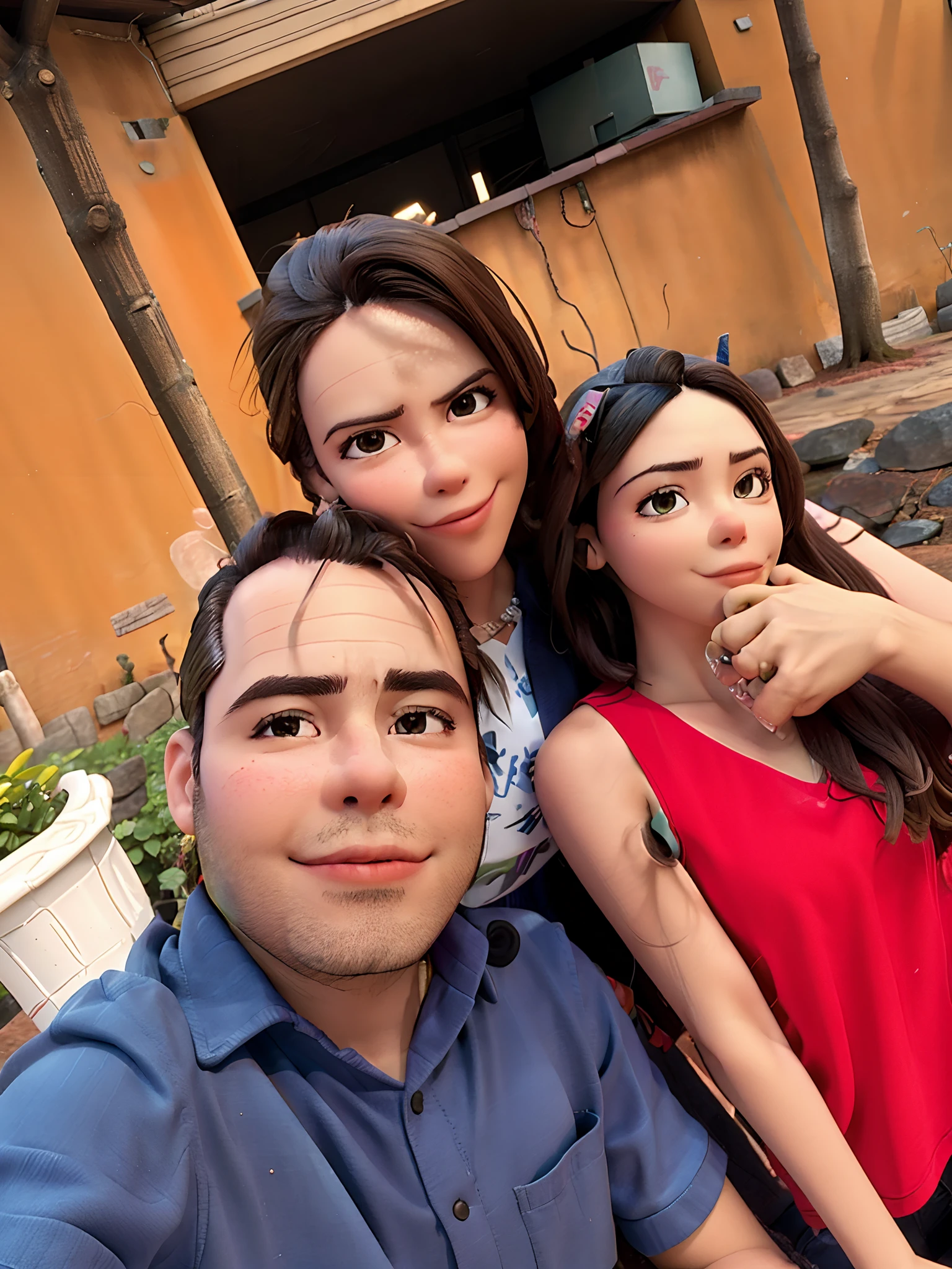 There are three people posing for a photo together in front of a building, imagem de perfil, foto do perfil, Fotografia tirada em 2 0 2 0, Directed by: Nandor Soldier, andrea rocha, Foto realista, imagem do avatar, david rios ferreira, foto de perfil, Fotografia selfie 8k, Happy family, Malika Favre, In Sao Paulo, foto de perfil