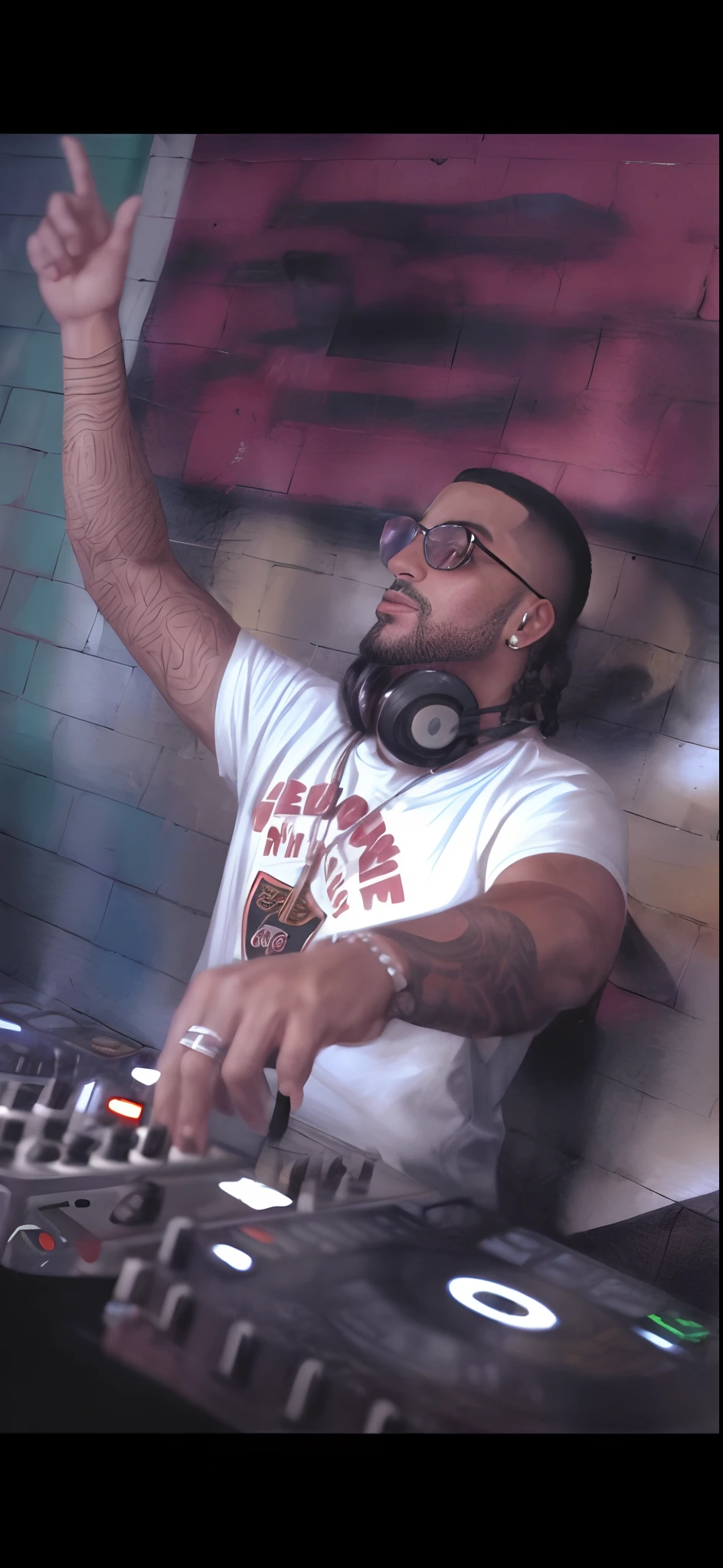 homem de camisa branca e fones de ouvido tocando um DJ, videoclipe, DJ em uma festa, Conjunto de DJ, DJING com toca-discos DJ, Turntablism DJ arranhando, DJ, Dr. Zeus, Imagem promocional, still from a music video, Sprays, DJ Sura, Retrato de Lucha Libre DJ, suave em _ O pano de fundo, artista desconhecido, documentary still
