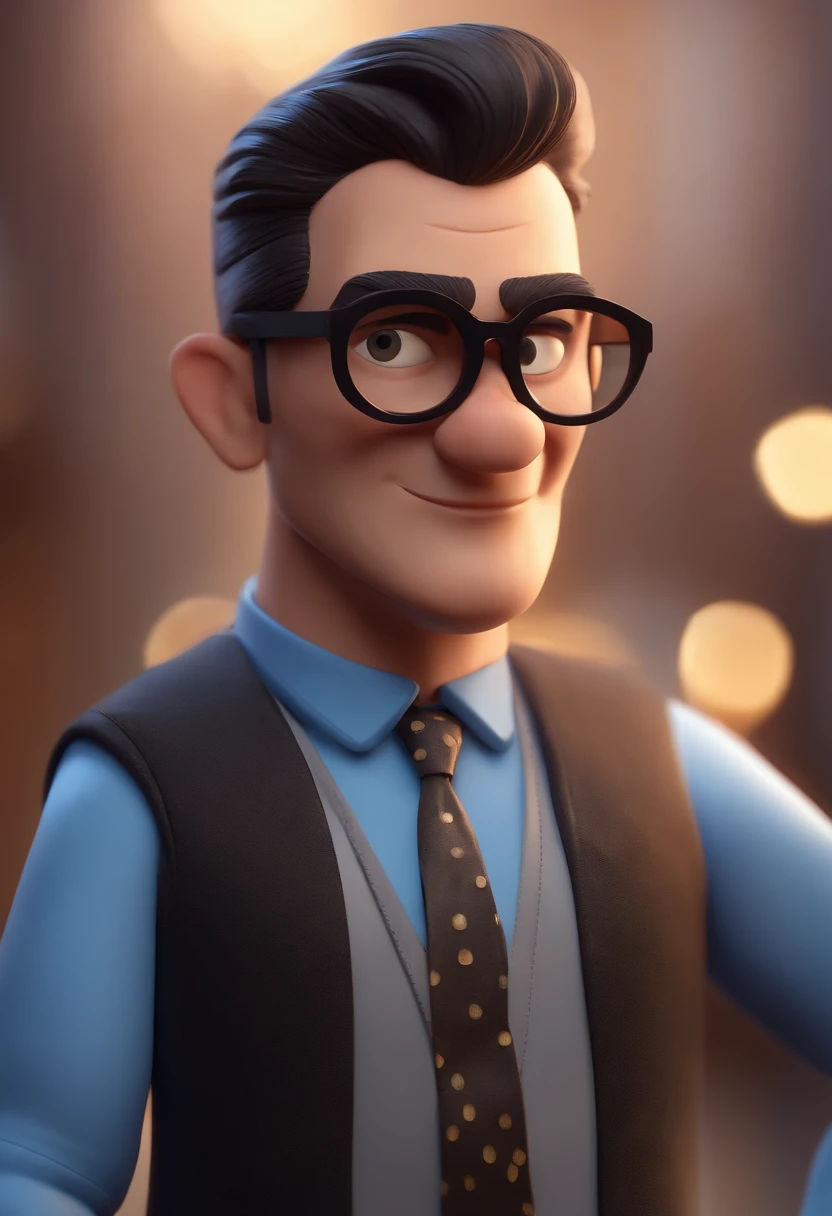 Cartoon character of a man wearing black glasses and a blue shirt, um personagem animado, Caractere estilizado, animation style rendering, 3D estilizado, Arnold Maya render, 3 d render stylized, toon render keyshot, Personagem 3D, Personagem 3D, 3d rendering stylized, 3 d character render, personagem de desenho animado, Personagem de close up, Pose de personagem, (Estilo Pixar) (master part:1.2) (Bokeh) (best quality) (pele detalhada) (textura detalhada) (8k) (argila) (Cinematic lighting) (foco nítido,Senta e vaza a parte superior do corpo