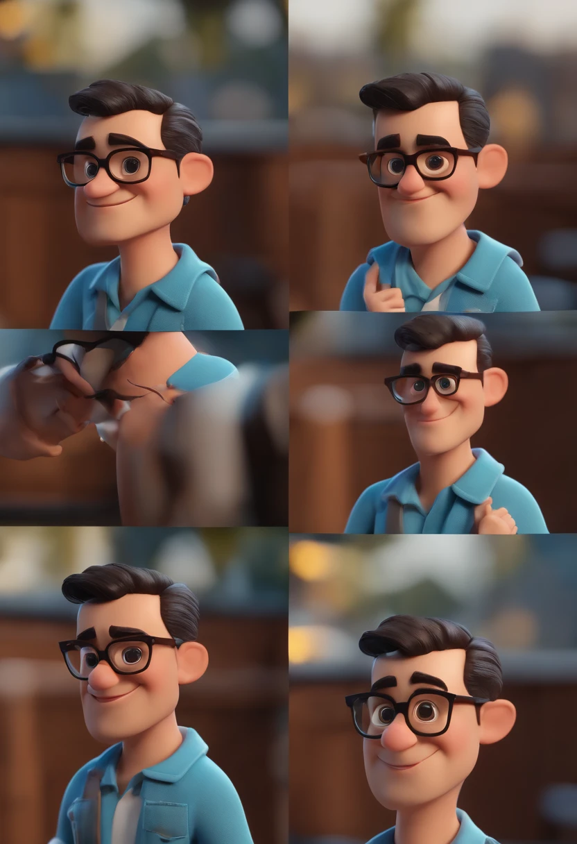 Cartoon character of a man wearing black glasses and a blue shirt, um personagem animado, Caractere estilizado, animation style rendering, 3D estilizado, Arnold Maya render, 3 d render stylized, toon render keyshot, Personagem 3D, Personagem 3D, 3d rendering stylized, 3 d character render, personagem de desenho animado, Personagem de close up, Pose de personagem, (Estilo Pixar) (master part:1.2) (Bokeh) (best quality) (pele detalhada) (textura detalhada) (8k) (argila) (Cinematic lighting) (foco nítido，Senta e vaza a parte superior do corpo