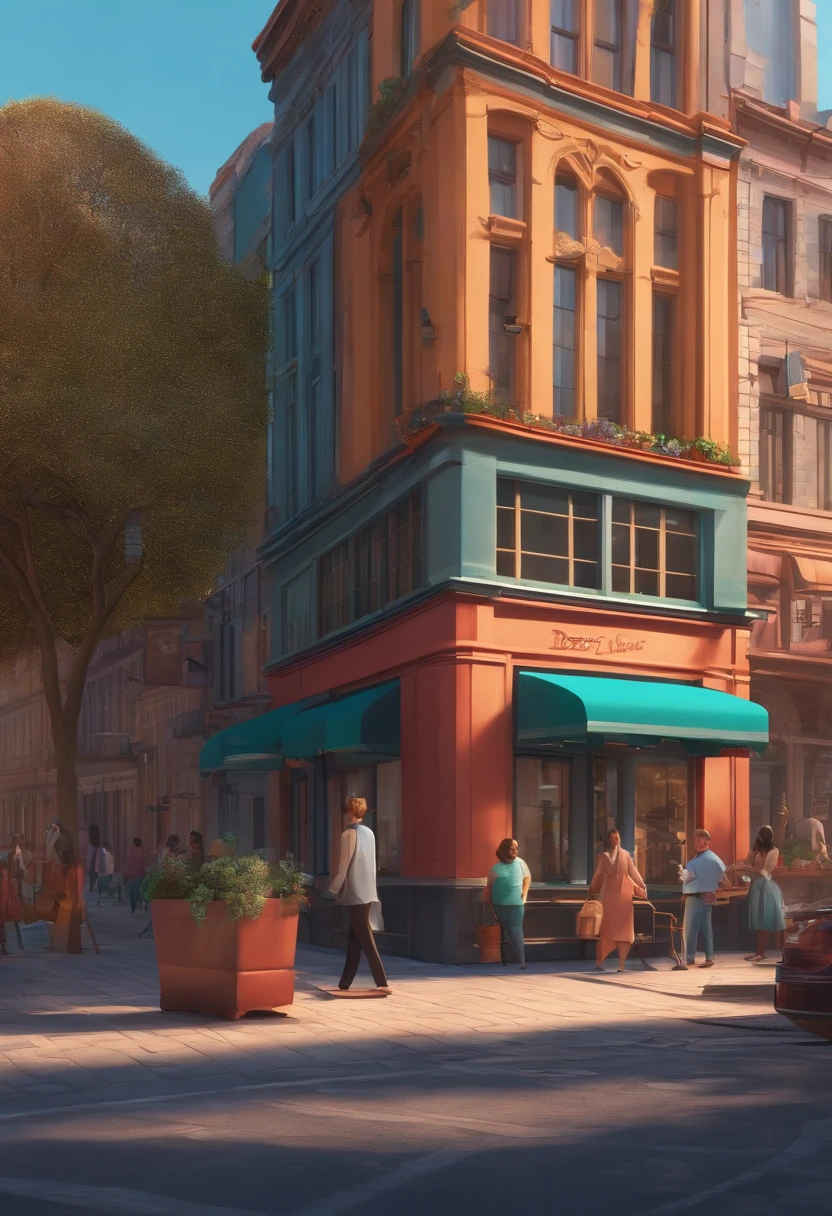 Pixar 3D-style drawing of a slimming clinic in the city center with a character in the foreground