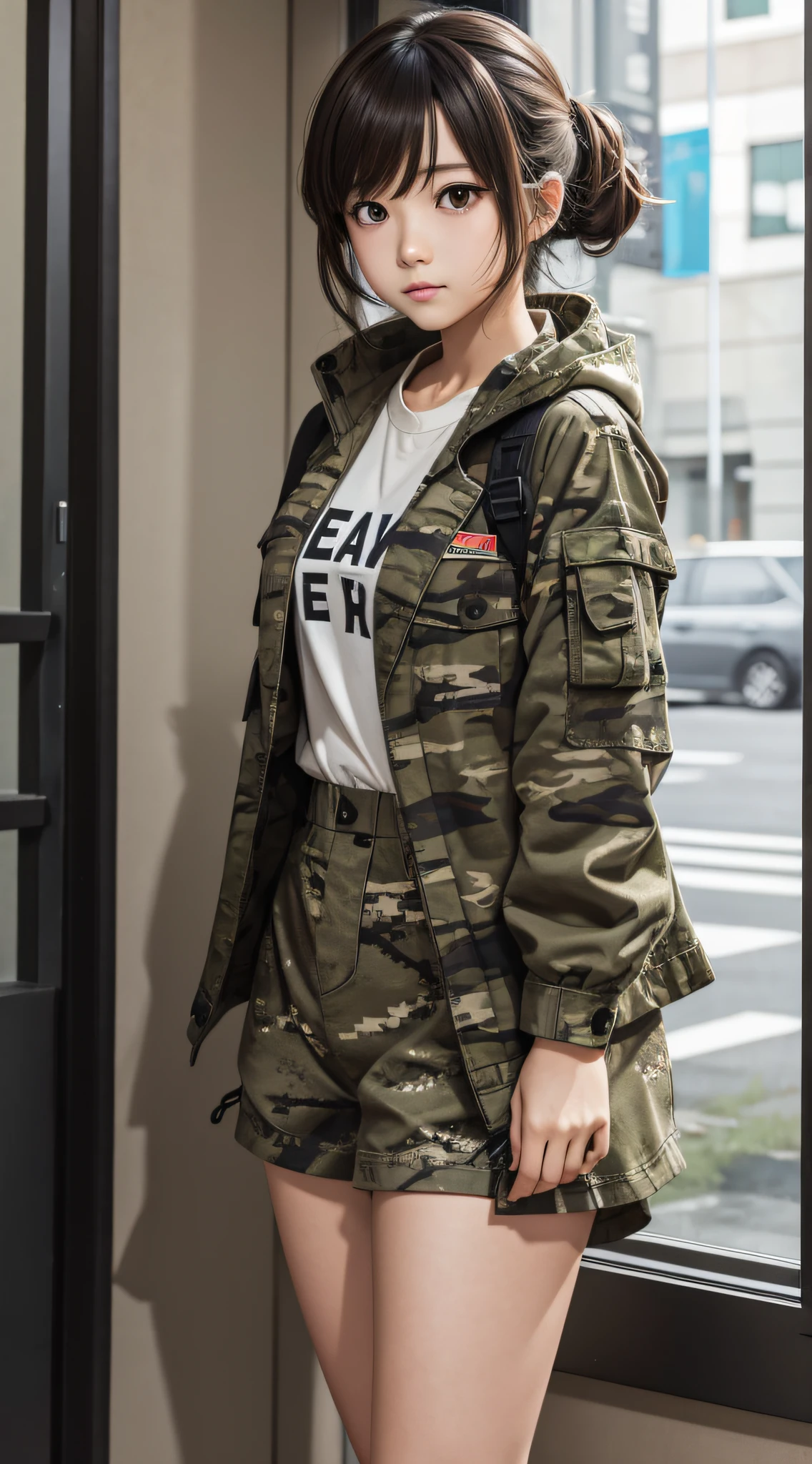 smart brave anime girl wearing a camouflage-like outfit short and shy