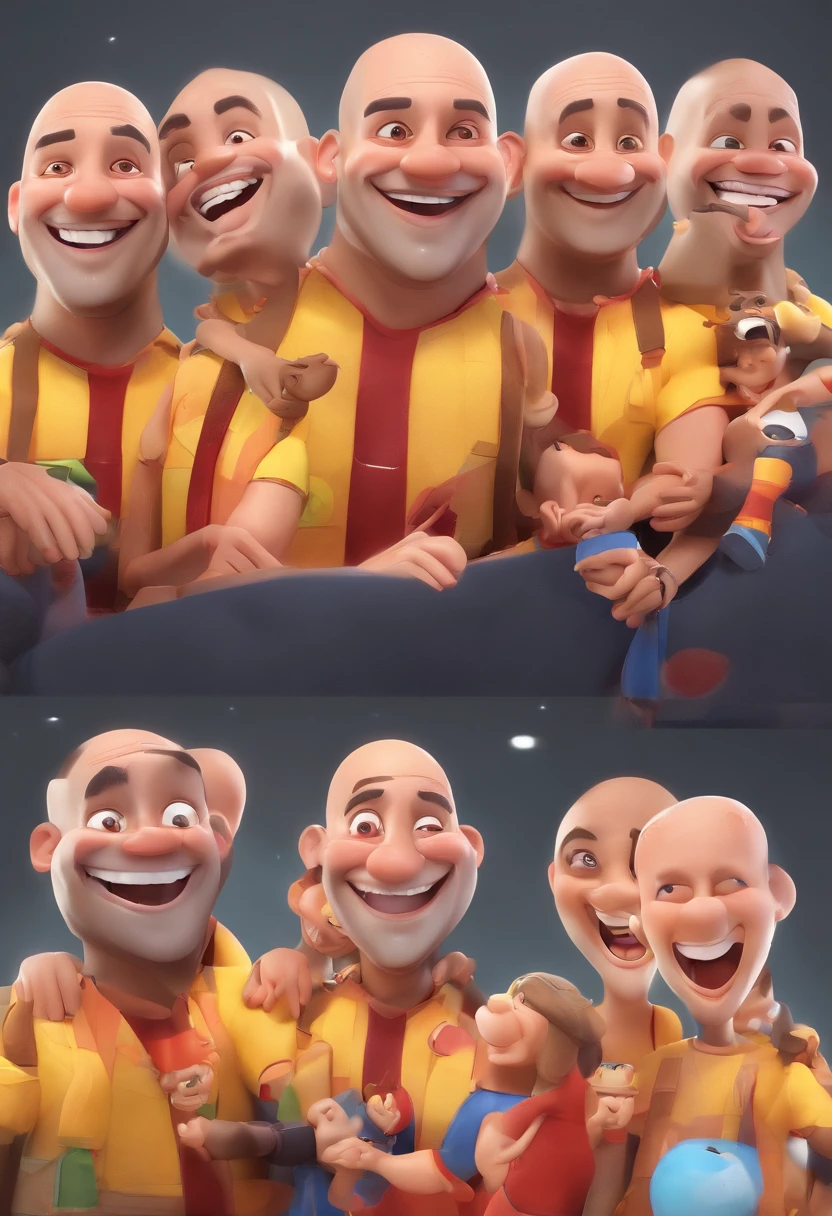 Smiling Man Illustration, sorriso insano, Homem de pele marrom com um sorriso gigante, careca, Shaved head with small earring, happily smiling at the camera, sorriso atrevido, he's smiling, sorriso muito grande, Macho sorridente, foto de perfil headshot, rindo sorriso enorme, desenhando no estilo de Arte 3D, c4d, fundo de cor branco puro, estilo disney, estilo pixar render ilustracao Super Detalhe, 8k