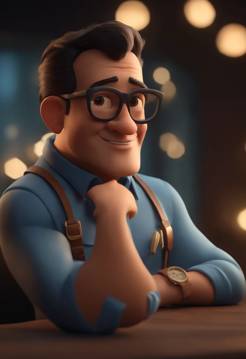 Cartoon character of a man wearing black glasses and a blue shirt, um personagem animado, Caractere estilizado, animation style rendering, 3D estilizado, Arnold Maya render, 3 d render stylized, toon render keyshot, Personagem 3D, Personagem 3D, 3d rendering stylized, 3 d character render, personagem de desenho animado, Personagem de close up, Pose de personagem, (Estilo Pixar) (master part:1.2) (Bokeh) (best quality) (pele detalhada) (textura detalhada) (8k) (argila) (Cinematic lighting) (foco nítido，Senta e vaza a parte superior do corpo