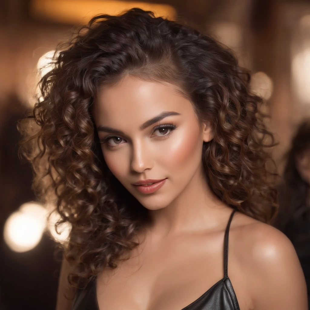 23-year-old woman with tanned skin and leather outfit, (Seductive look and voluminous curly hair and happy expression in a sensual pose, in a nightclub), corps entier entier, Focus sur la tenue en cuir, Peau et bronzage parfaits, Insolation, Ombrage faible, delicate face, golden skin, Plump lips ( Realstic, vibrierend, sensuel, Foyer, tranchant) (Chef), boucles brunes, sexy, espanique