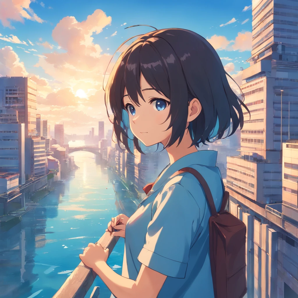 1girl,franja,preto_Hair,azul_heaven,ponte,Building,castelo,cidade,Cityscape,Cloud,dia,vestir,Olhando_em_visualizador,ao ar livre,vermelho_Gravema,vermelho_fita,fita,Rio,curto_Hair,curto_Mangas,heaven,highrise,sozinho,Standing,cidade,water,(master part,anime,Mais recente,Novo,excepcional:1.2),