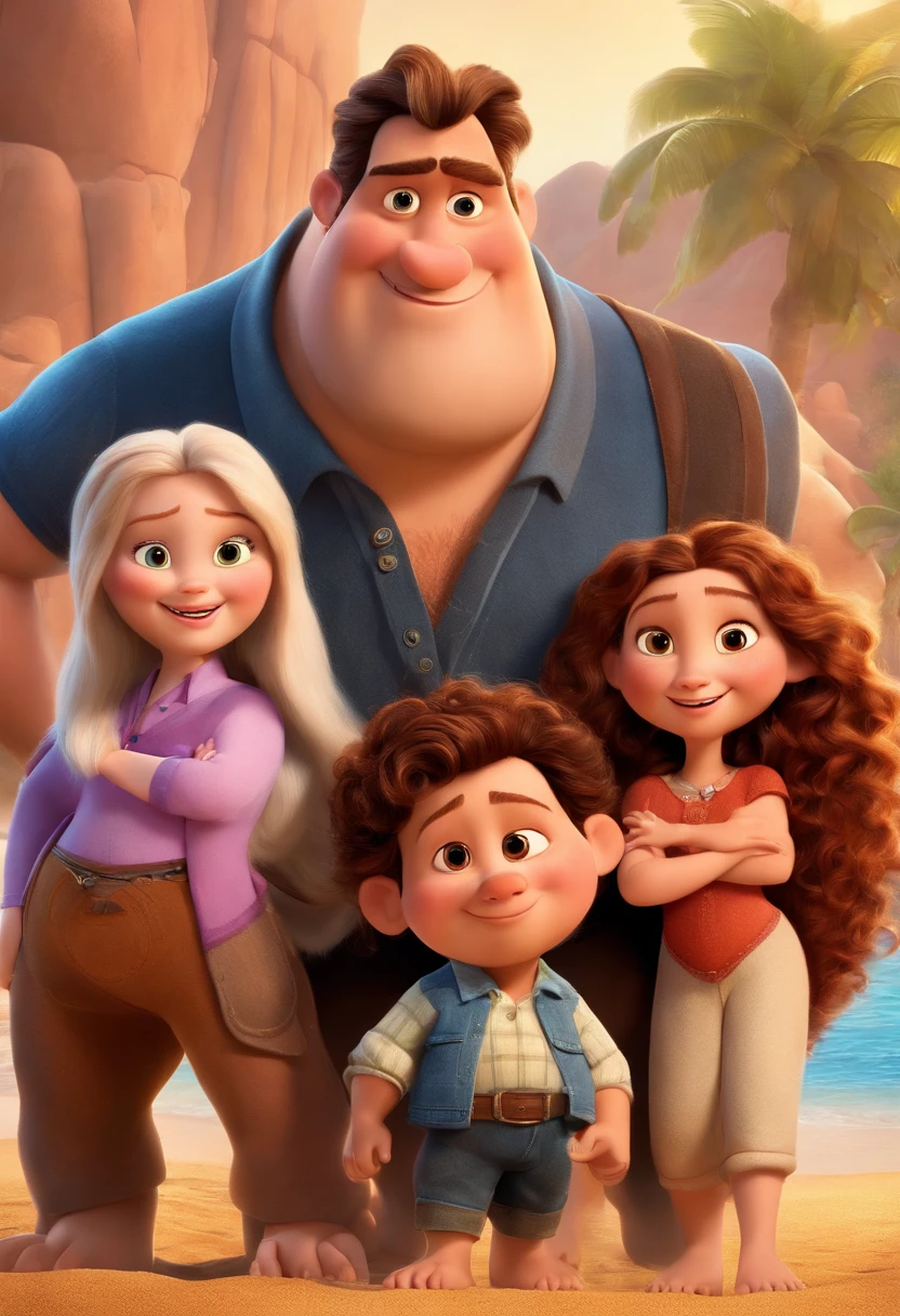 a Disney Pixar movie poster showing a white-skinned family. The father is the tallest, Tem barba curta, loiro, cabelos curtos e espinhosos. The mother has brown eyes and hair, shoulder-length and is slightly overweight. A menina tem 4 anos e cabelos castanhos, roupa rosa e rabos de cavalo. The background is a beach garden. 3D-rendering