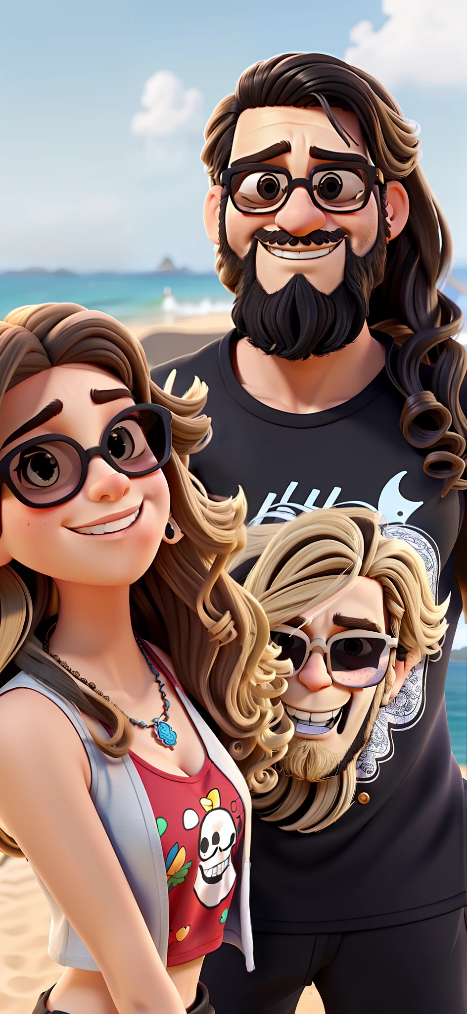 Casal estilo disney pixar melhor qualidade alta qualidade. Long brunette man curly hair beard dressed in black tank top with skull design and blonde woman long wavy hair in sunglasses and bikini on the beach of rio de janeiro in the background.