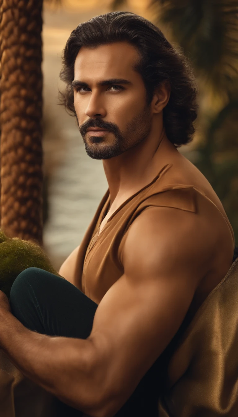 (a melhor qualidade,8k,Realista),Homem com 33 anos ,macho,olhos castanhos ,cabelos castanhos,magro ,Corpo inteiro,On Ju's açaí shirt, na cor roxa