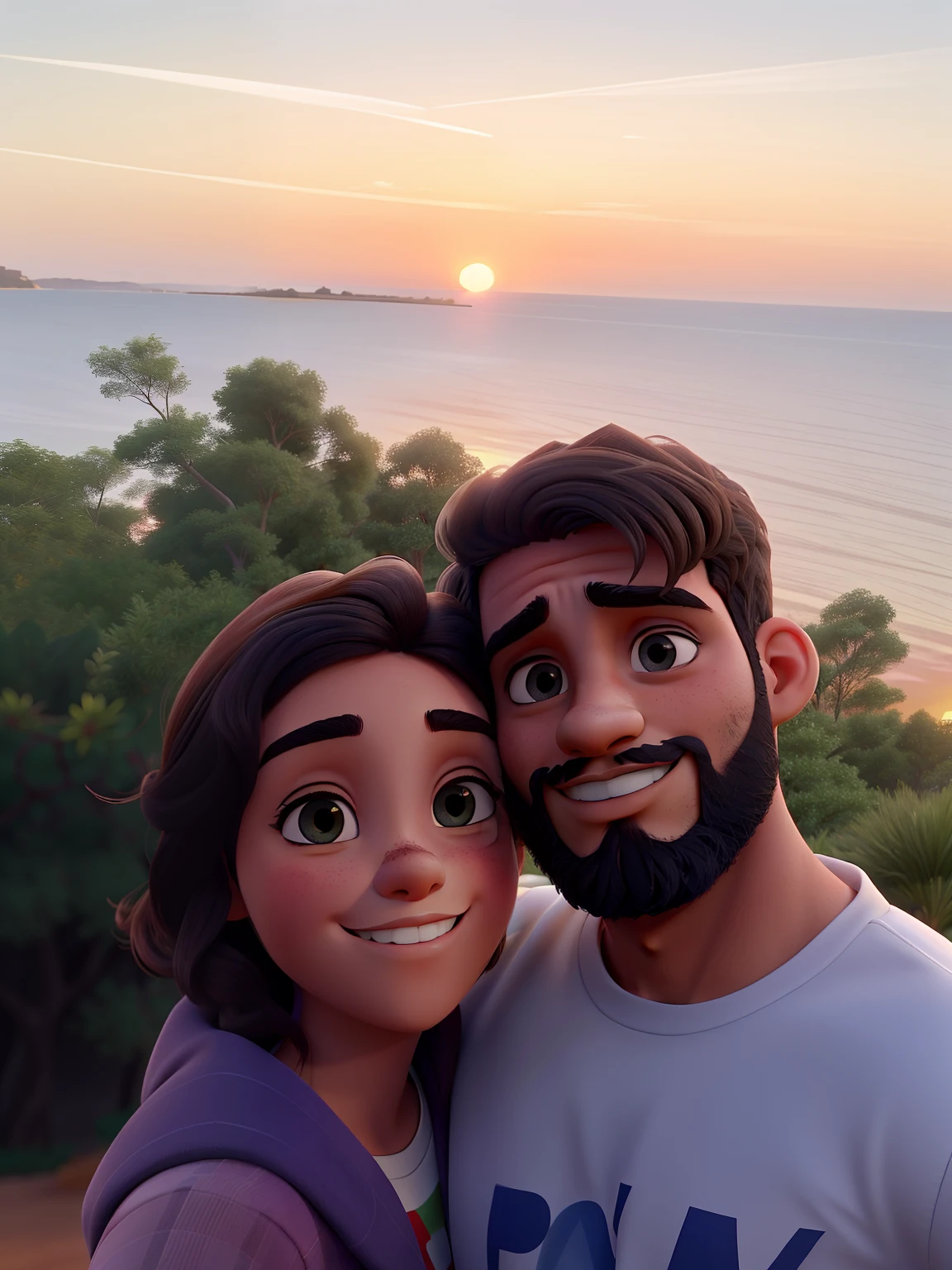 Jovem casal com olhar apaixonado. O jovem rapaz tem barba no rosto todo. The two of them are in a very beautiful background landscape with sunset in the background.