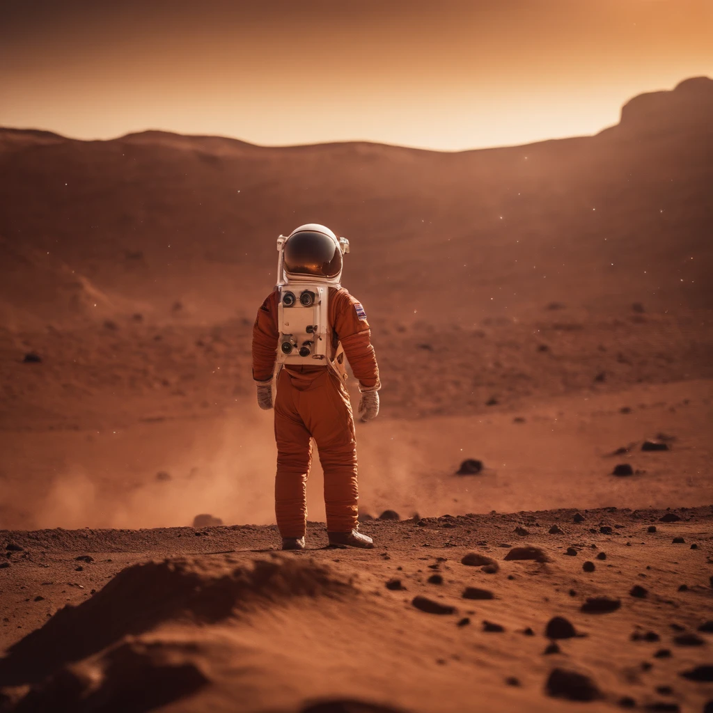 A Japanese boy wearing camping clothes、wearing a simple space suit、Comical footage of exploring Mars、with photorealism、Please generate an image。