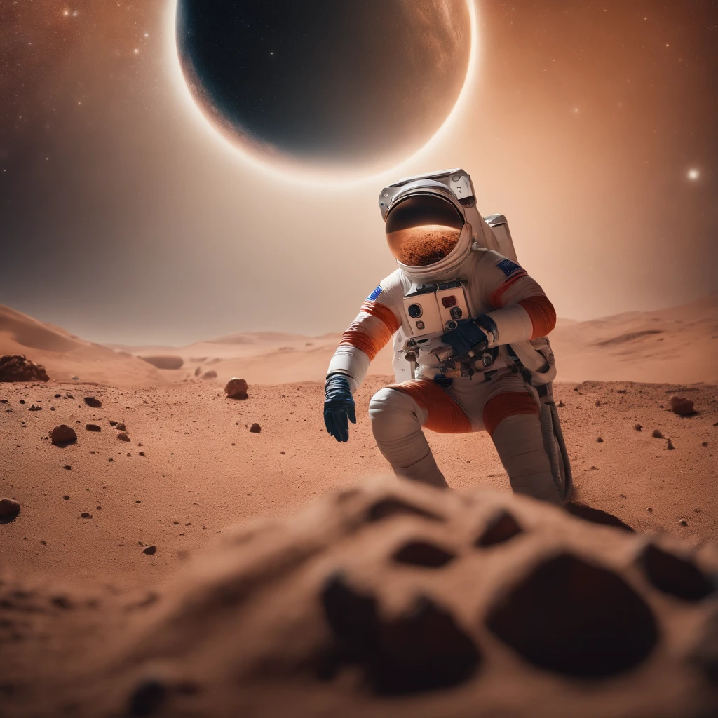 Astronaut on Mars, astronaut, astronaut suit, space, stars, space dust, rocky, craters, Mars dust, Mars sand, beautiful, masterpiece