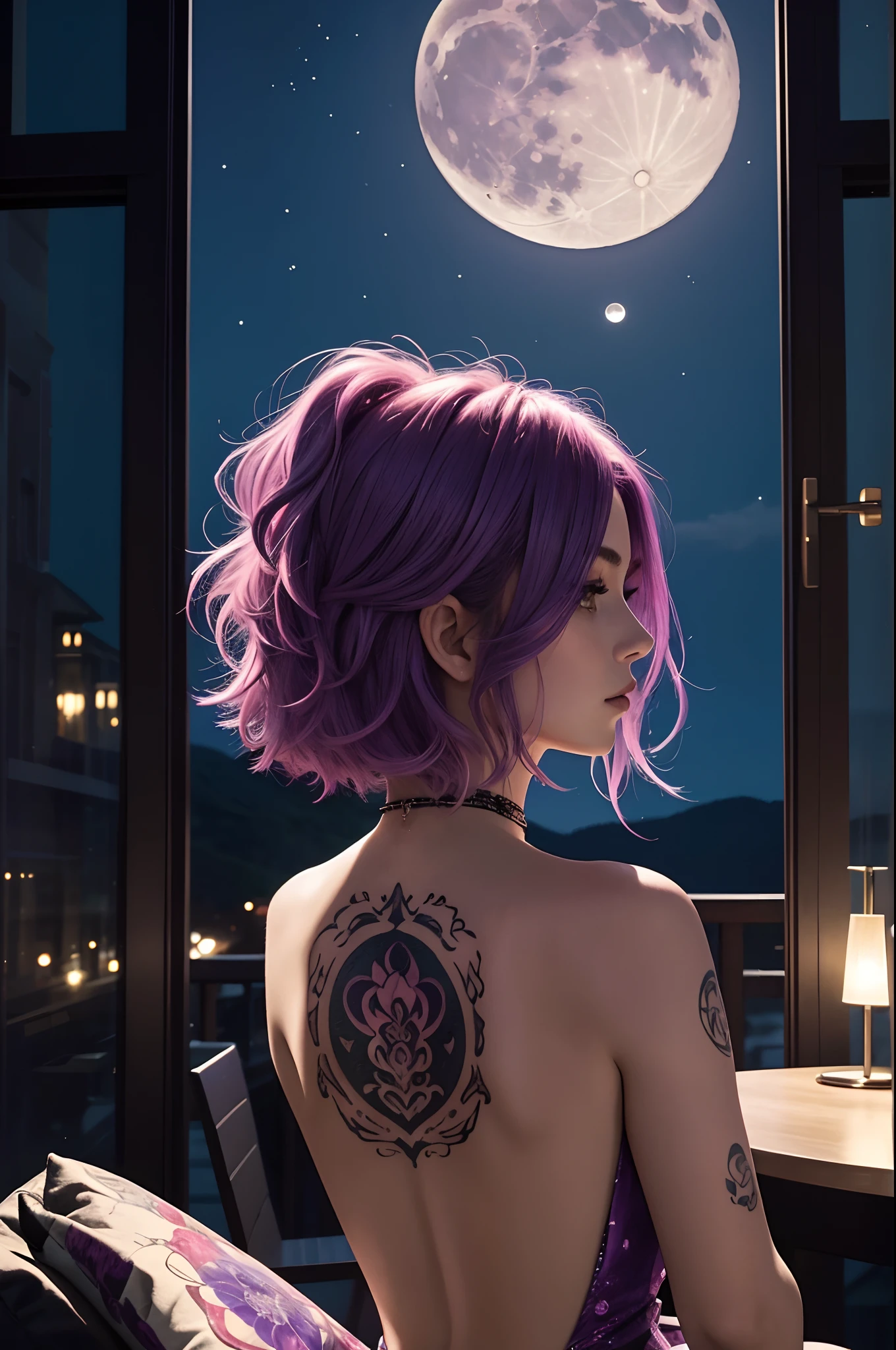 An artistic painting depicting a woman sitting on a chair in a beautiful and stunning place at night. Her hair is short and tends to be pinkish-purple, and her hair color is close to that. The moon appears in the sky. The woman has a beautiful tattoo on her back, which adds a unique touch to her personality and to the scene in general.”