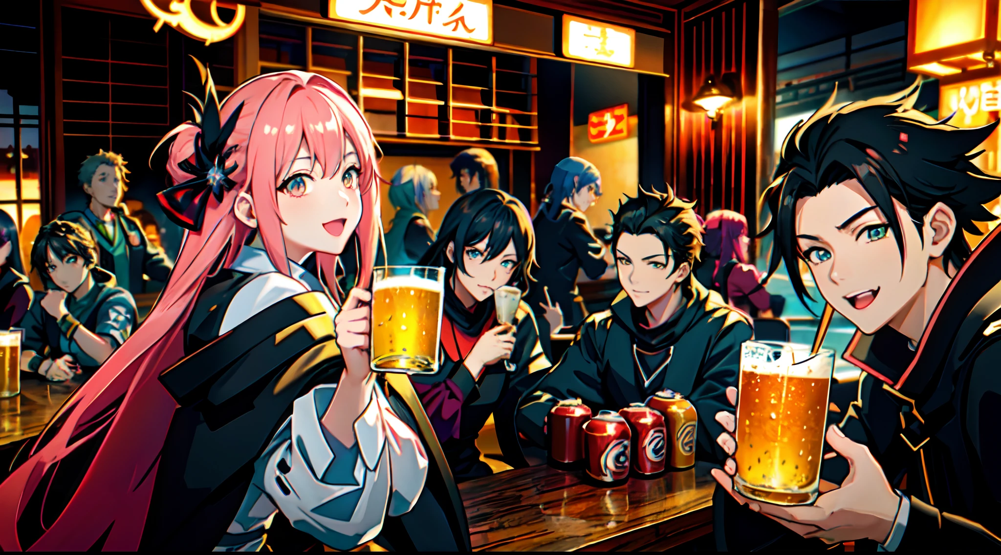Anime characters are sitting in a bar with beer in their hands, Art not Guweiz style, uma taberna multidimensional e acolhedora, fundo da taberna, Guweiz, Guweiz em Pixiv ArtStation, tabernas Vida Noturna, Guweiz em ArtStation Pixiv, de arknights, taberna, Anime Party do Amigo da Sabedoria, fundo da taberna da fantasia