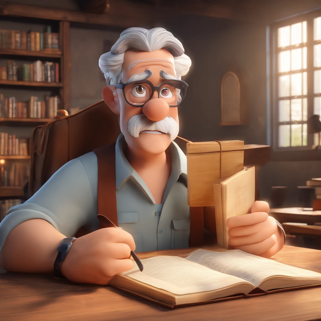 Crie um cartaz inspirado na Disney Pixar com o personagem sendo o pastor Rubens Janier, A gray-haired man wearing glasses, in an office with a Bible on the table