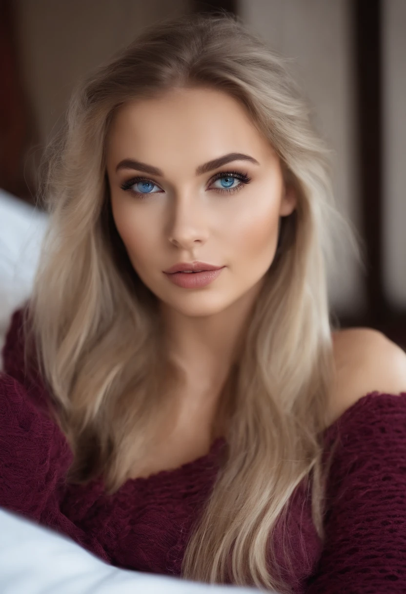 arafed frau voll , Sexy girl with blue eyes, ultra realistisch, Akribisch detailliert, portrait sophie mudd, blonde hair and large eyes, Selfie einer jungen Frau, Augen im Schlafzimmer, Violet Myers, ohne Make-up, Natural makeup, Blick direkt in die Kamera, Gesicht mit Artgram, dezentes Make-up, Stunning full body shot, die auf dem Bett kniet, im Schlafzimmer, medium to large bust size