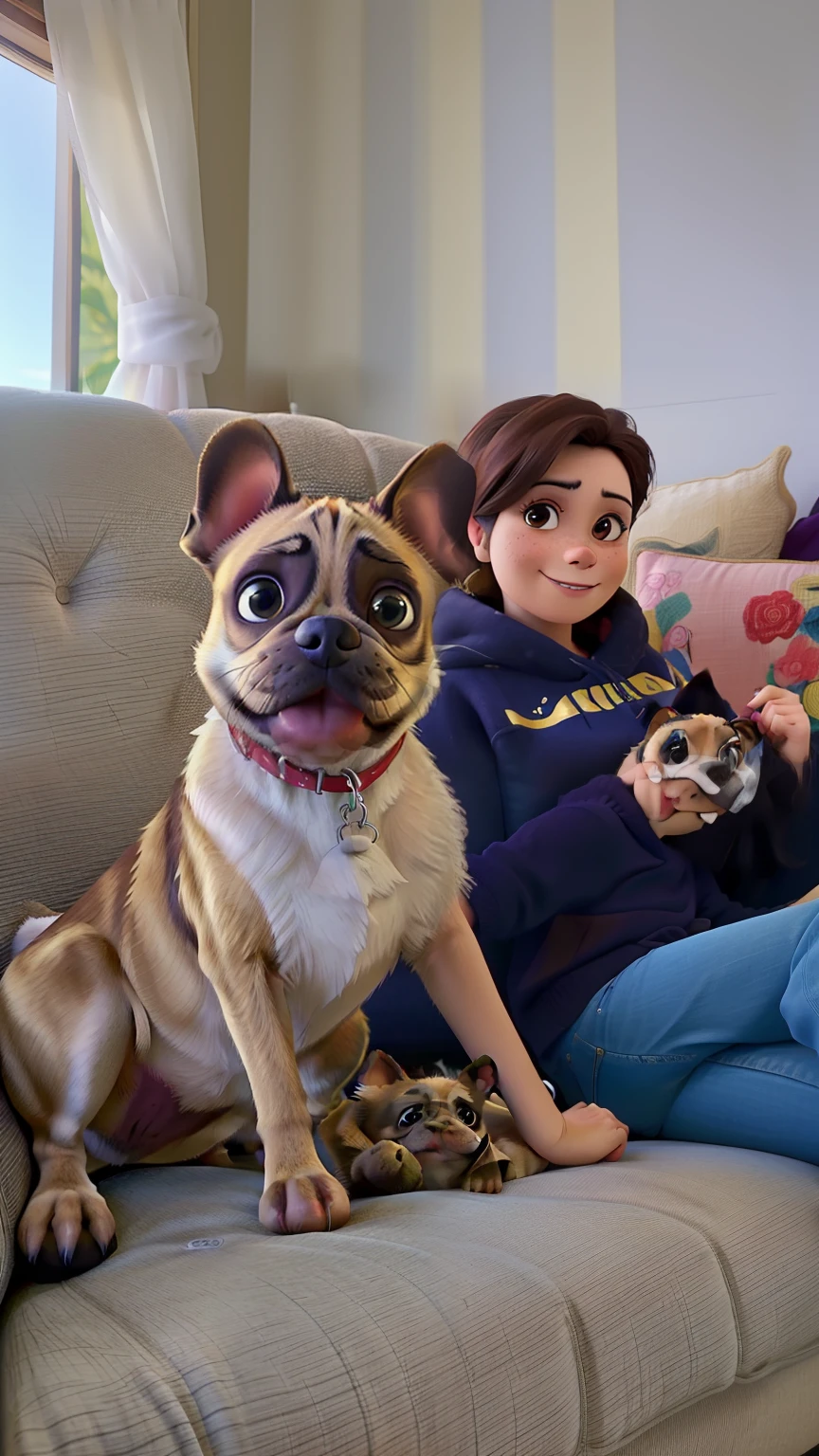 There's a woman sitting on a couch with a dog, french bulldog, selfie of a dog, 1614572159, Estefania Villegas Burgos, Foto realista, Directed by: Emma Andijewska, tomada em 2 0 2 0, segurando um pug para uma foto, imagem de qualidade muito baixa, foto retrato