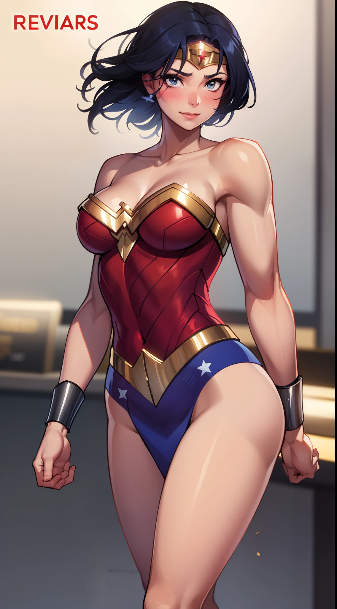 (capa de revista:1.4),texto em negrito,Buscar, Wonderwomanfit, cabelos muito longos, cabelos pretos, cabelo entre os olhos, rabo de cavalo alto, Fechaduras laterais, Olhos azuis, Wonderwoman, roupas brilhantes, impossible bodysuit, Pele apertada, bodysuit estrelado, Olhando para o Viewer sorrindo, (blush vermelho,irritado:1.2),(pernas musculosas:1.3), (heroic pose).
