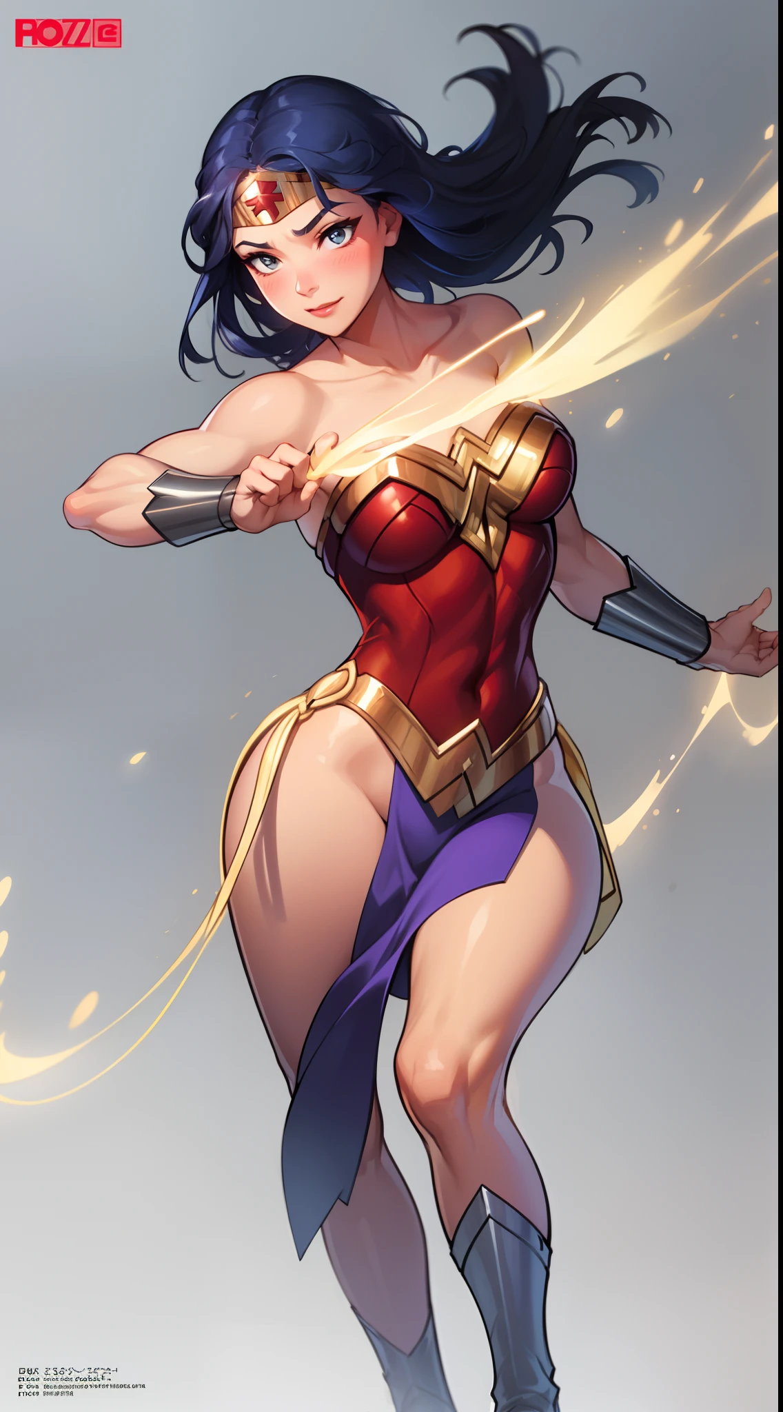 (capa de revista:1.4),texto em negrito,Buscar, Wonderwomanfit, cabelos muito longos, cabelos pretos, cabelo entre os olhos, rabo de cavalo alto, Fechaduras laterais, Olhos azuis, Wonderwoman, roupas brilhantes, impossible bodysuit, Pele apertada, bodysuit estrelado, Olhando para o Viewer sorrindo, (blush vermelho,irritado:1.2),(pernas musculosas:1.3), (heroic pose).