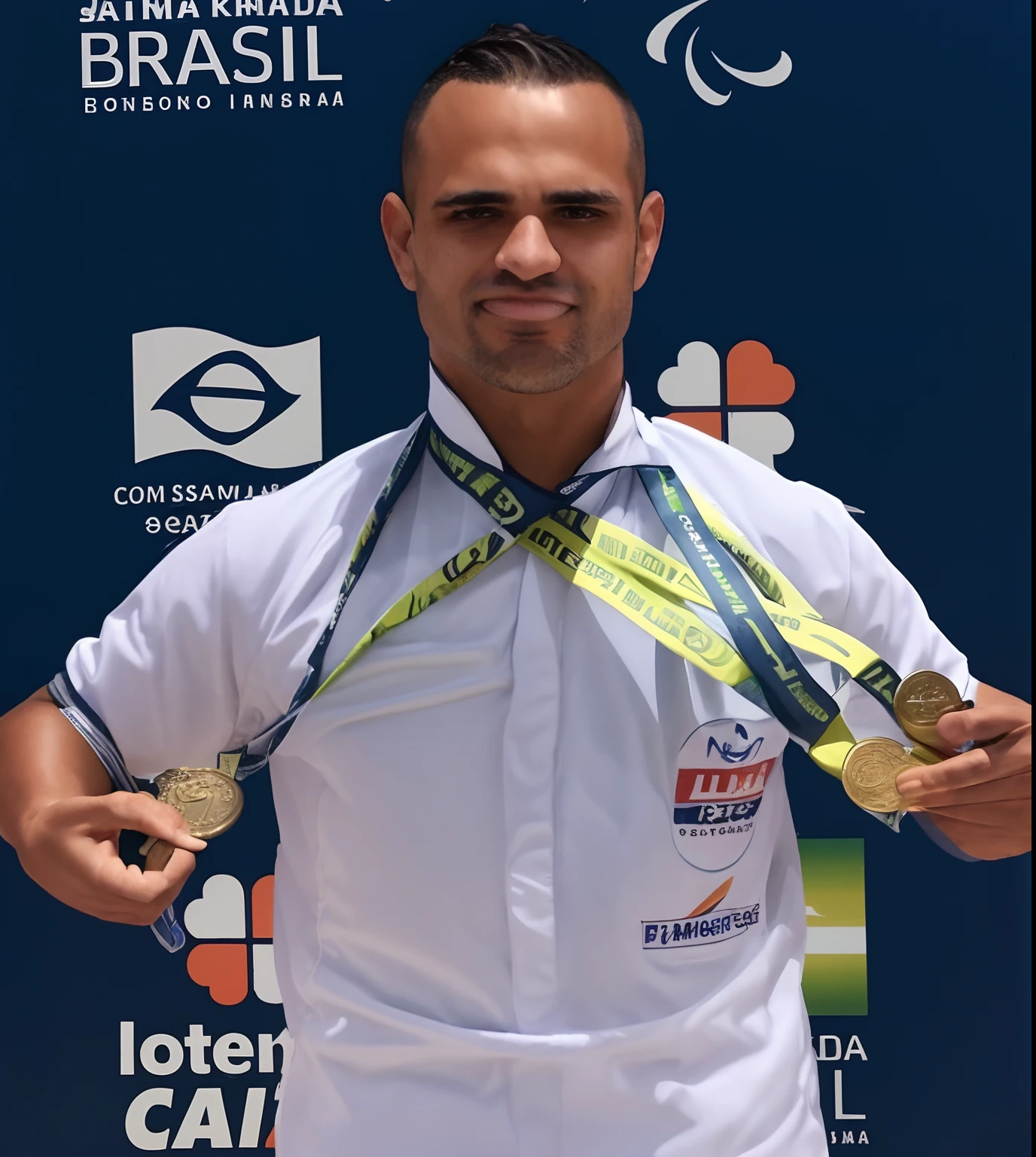 Homem de camisa branca e gravata segurando duas medalhas, tjalf sparnaay 8 k, joe alves, Marco Plouffe, ???? Guraziu, inspirado em Nathan Oliveira, david rios ferreira, Federico Pelat, competition winning, ástor alexander, icaro carvalho, Directed by: Felipe Seade, andrea rocha