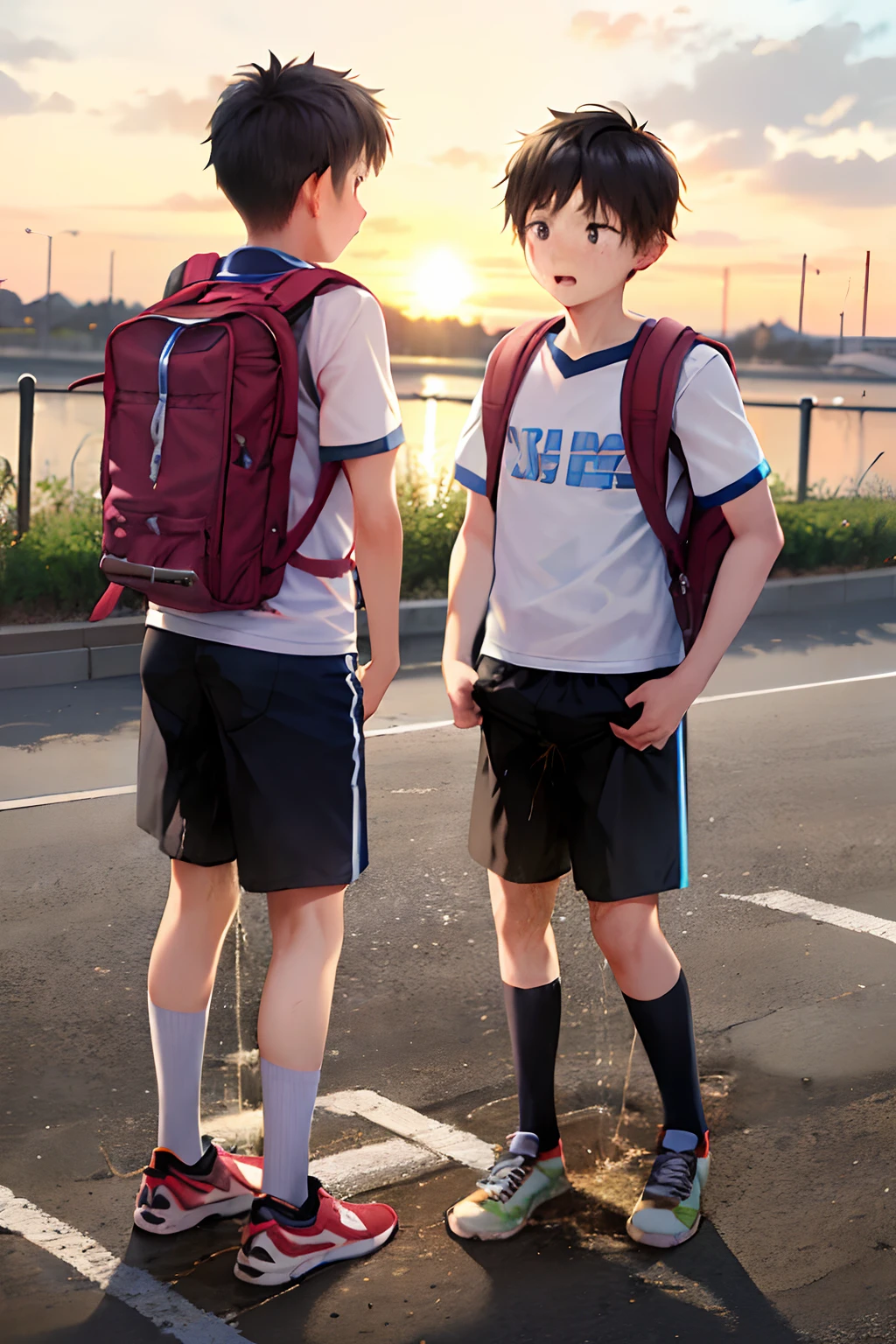 , black hair, ((peeing stain)), standing, determined, embarrassed expression, standing in front of a beautiful sunset, holding a book and a backpack, exploring the world. [Masterpiece:1.2], vibrant colors, realistic depiction, soft lighting, exquisite details, capturing the captivating moment, thin, cute, frontview, sports shoes