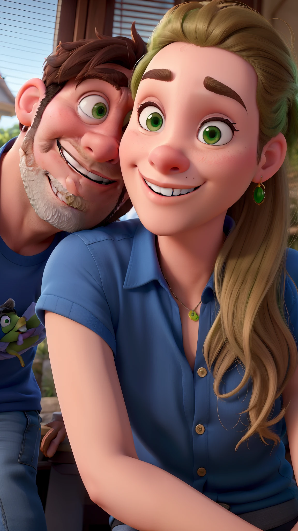 Um casal estilo Disney pixar , alta qualidade, melhor qualidade, homem barbudo , mulher de olhos verdes