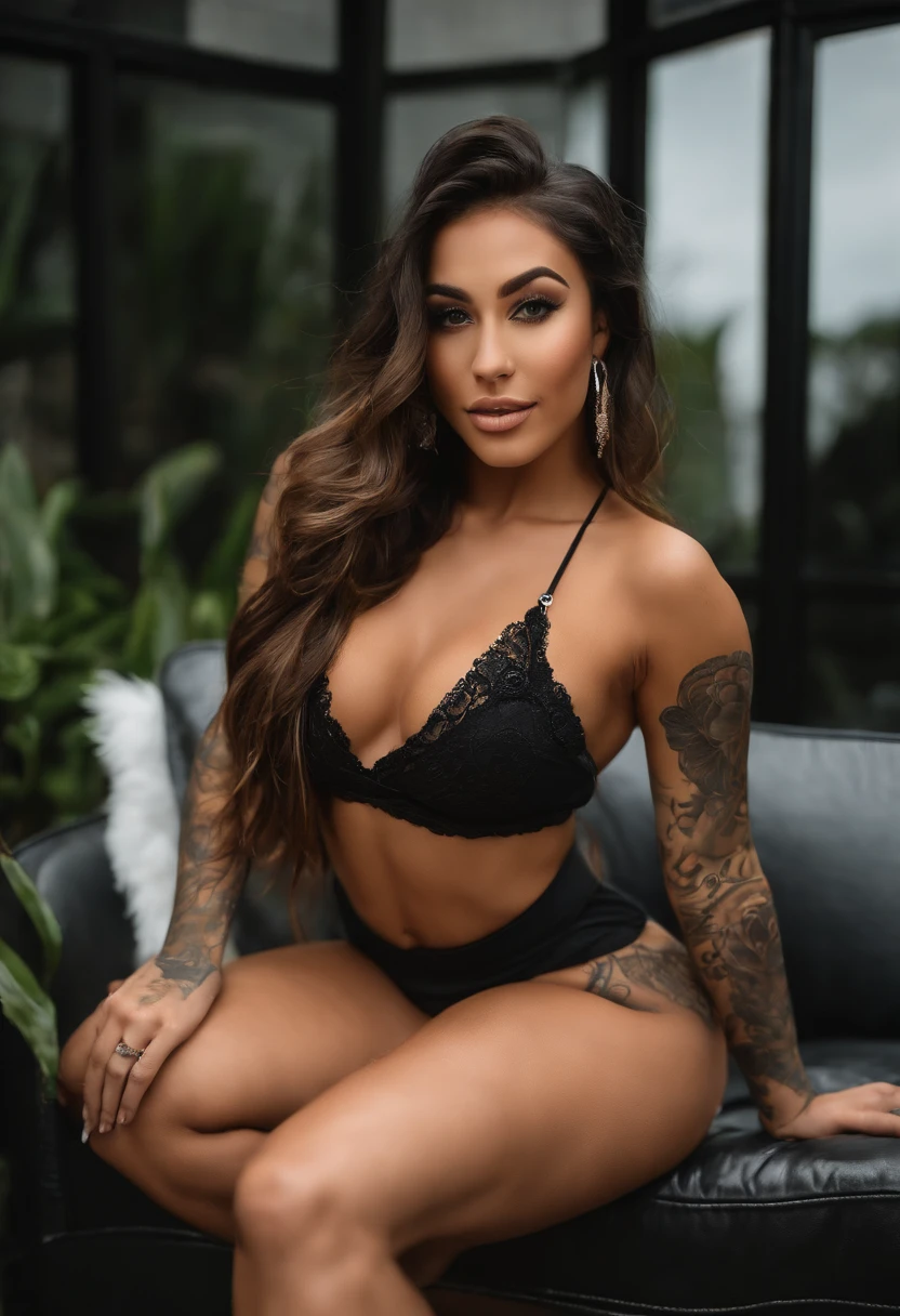 Real live entire body distant photo from the ground of Ana Cheri (, full makeup, showing her bellybutton piercing, beautiful long haircut, tattooed, laughing, muscular glutes, busty puffed nipples) sited on a sofa with open legs grabbing self knee one leg up using the minor bikini very oiled body, photo by Hasselblad X1D-50c Fujifilm defocused background viewed by fisheye lenses 8mm great angular masterpiece award winning photography intricate details and textures showing her genital limb