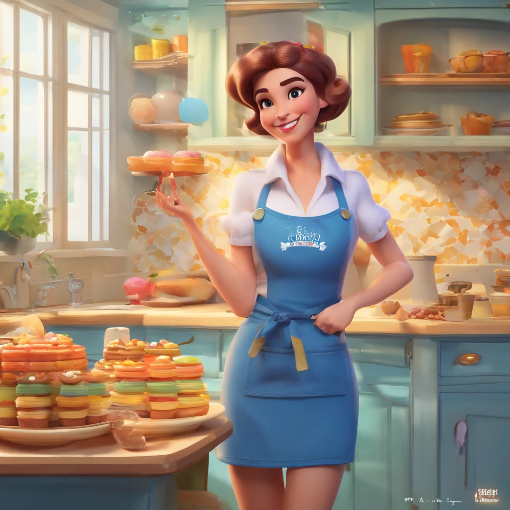 Estilo pixar, 4d, cena: Uma mulher branca, um pouco acima do peso, numa cozinha muito bonita, confeiteira, decorando um bolo de 3 andares bem colorido, salpicado de estrelas, She's very happy, sorrindo, cabelos castanhos claros longos e ondulados, Is dressed simply, Jeans and a white shirt and a kitten-print confectionery apron, The woman's eyes are green, She's young-looking, tem 45 anos, In the background of the scene there is a very large glass window with a backyard in the background and the day is sunny and the sky is very blue