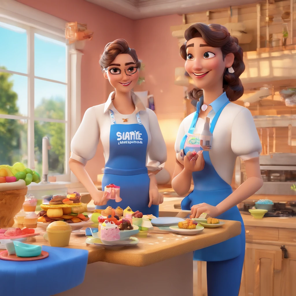 Estilo pixar, 4d, cena: Uma mulher branca, um pouco acima do peso, numa cozinha muito bonita, confeiteira, decorando um bolo de 3 andares bem colorido, salpicado de estrelas, She's very happy, sorrindo, cabelos castanhos claros longos e ondulados, Is dressed simply, Jeans and a white shirt and a kitten-print confectionery apron, The woman's eyes are green, She's young-looking, tem 45 anos, In the background of the scene there is a very large glass window with a backyard in the background and the day is sunny and the sky is very blue