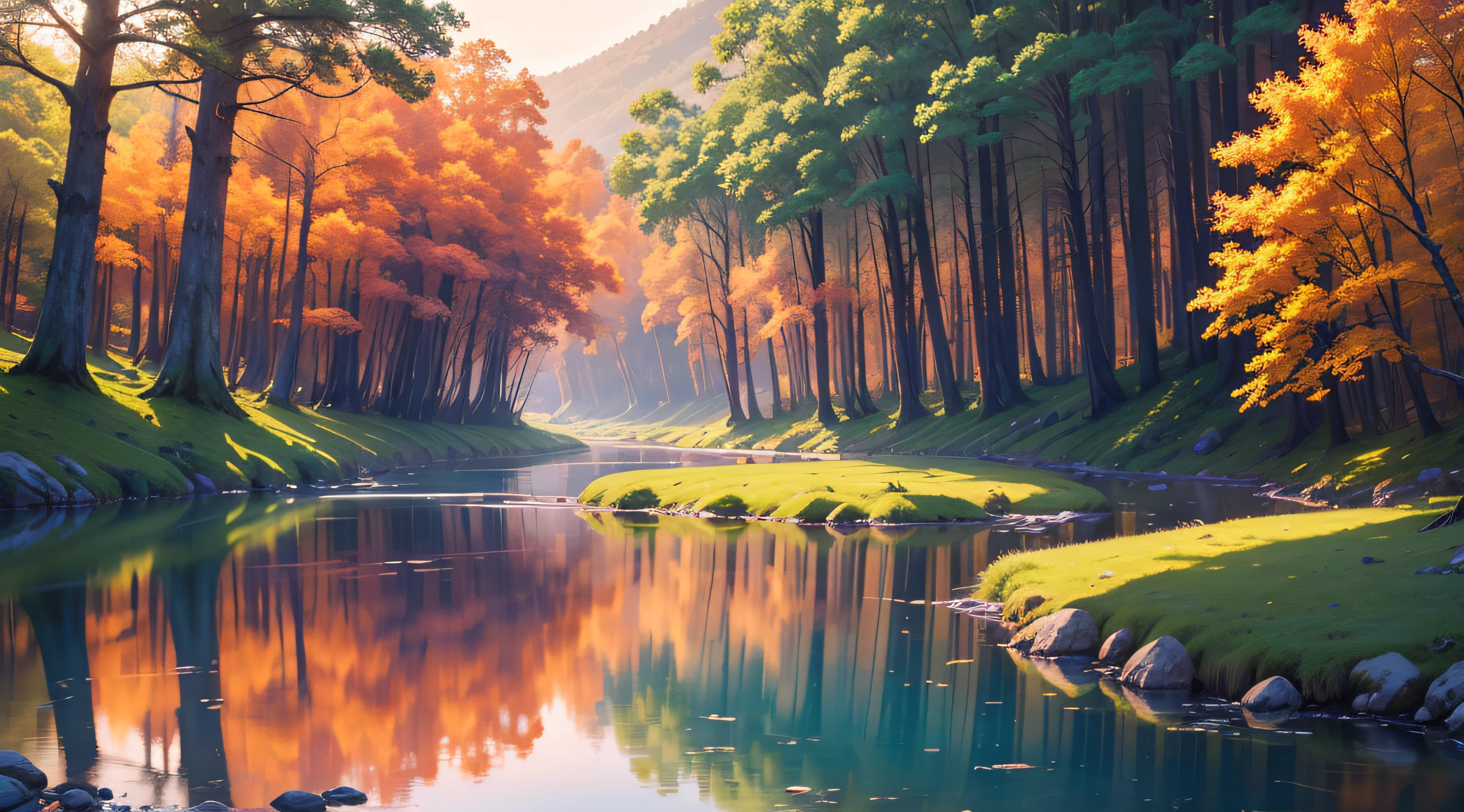 "Generate a stunning natural landscape featuring a tranquil river meandering through a lush, forested valley. The scene should be bathed in the warm glow of a setting sun, with the sky painted in vibrant hues of orange, pink, and purple. Include details like towering, moss-covered trees, a small wooden bridge crossing the river, and reflections of the landscape in the water. The overall ambiance should evoke a sense of serenity and awe-inspiring beauty."