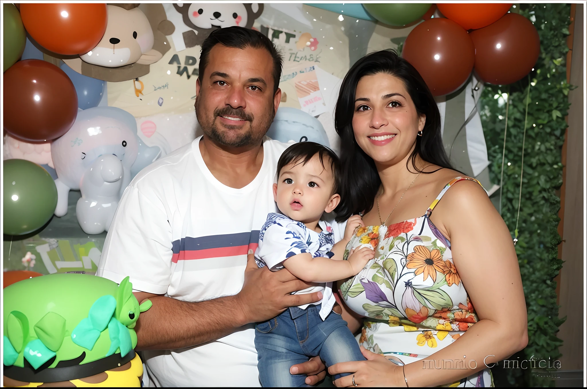 handsome man with black hair, white t-shirt, navy blue shorts, holding a 3 boy with black hair, white t-shirt, navy blue shorts. Beside him was a pregnant woman with bobbed black hair, a black turtleneck tank top, black leggings.