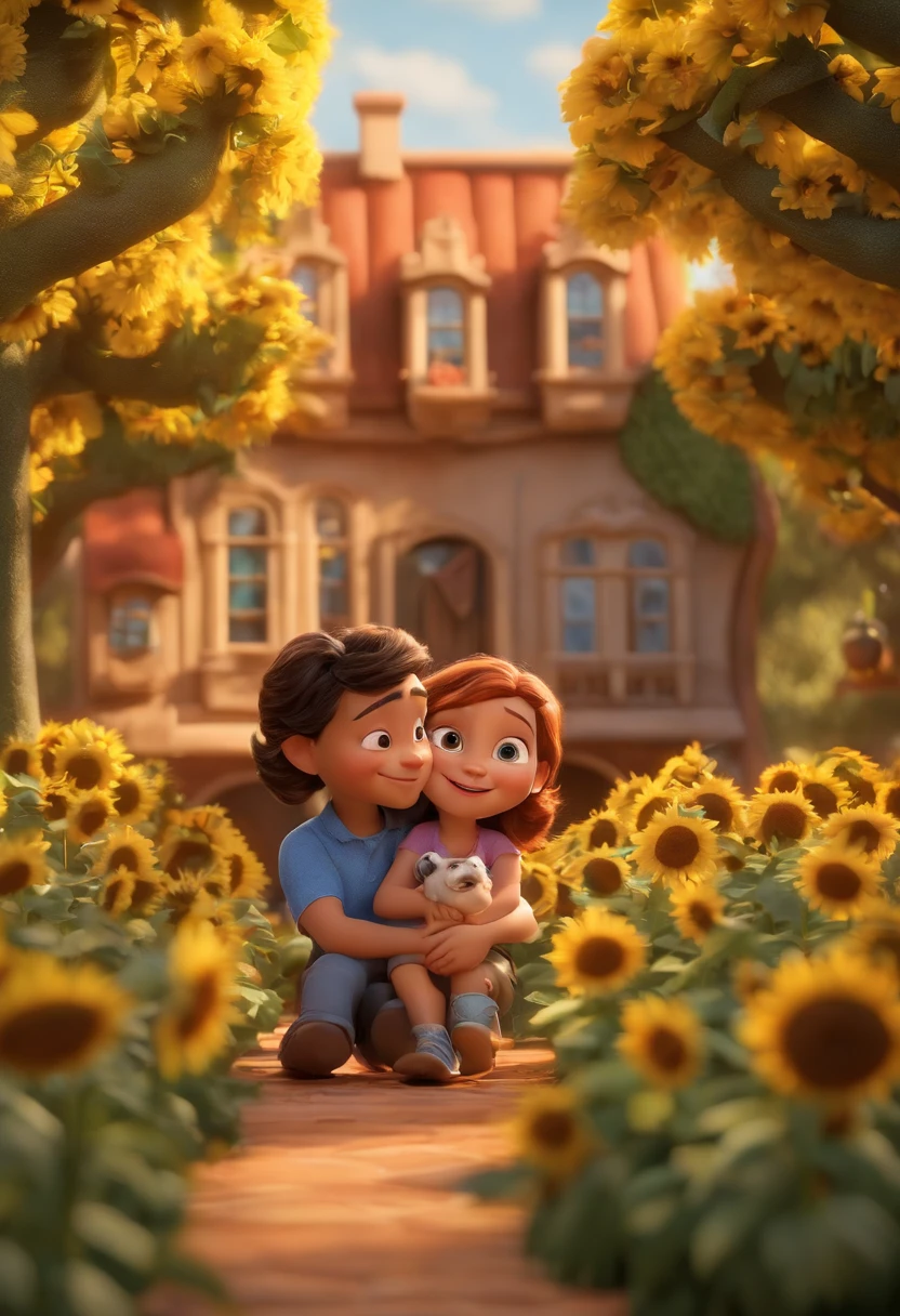 Create a Disney PIXAR-style 3D poster. ((centro da imagem, Triplets)), ((3 children)) ((1 menino no meio e 2 meninas ao lado, They're hugging each other, O menino tem pele castanha e cabelos castanhos escuros e olhos castanhos escuros, 1 menina tem pele clara, olhos e cabelos escuros e cacheados, e a outra menina tem pele morena, olhos escuros e cabelos escuros e lisos)) ((tudo isso no estilo Disney PIXAR 3D, In the background, A house of sunflowers, Gloria Studio, The garden is full of nature 3D render RTX clay material, estilo de design cartunesco, POP Mart, soft lighting, linhas suaves, Spring tilt, Detailed illustrations of PIXAR 3D, Detalhes hiper-realistas, cor quente no estilo Disney PIXAR 3D))