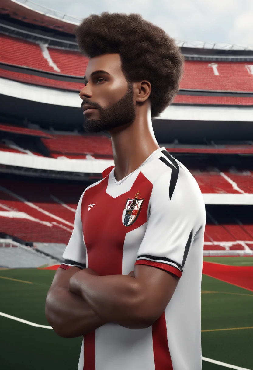 personagem dos desenhos animados de um homem com cabelo de topete e uma camisa vermelha branca e preta listrada,In a football stadium stylized character, 3D Rendering