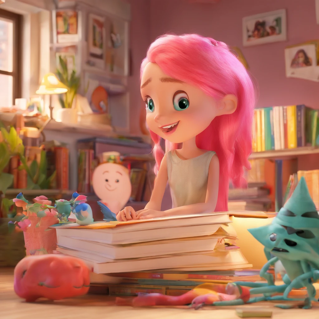 create a 3D movie poster inspired by Disney Pixar, The scene should be in Pixar's signature digital art style, com uma menina branca, dos cabelos ondulados, com mechas rosas na frente do cabelo, sentada, estudando em sua escrivaninha, seu quarto com livros, e rosa claro
